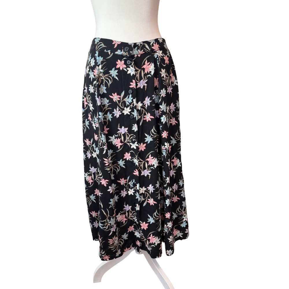 Sag Harbor Petite Vintage Floral Button Front Midi Skirt Black Rayon Medium